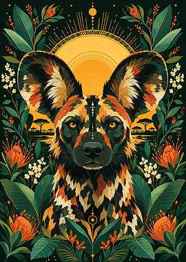 African Wild Dog Botanical Portrait