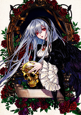 Gothic Anime Girl with Golden Skull