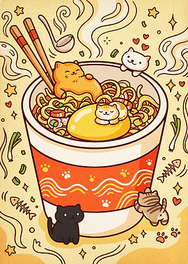 Cat Ramen Noodles Cute Kawaii Art