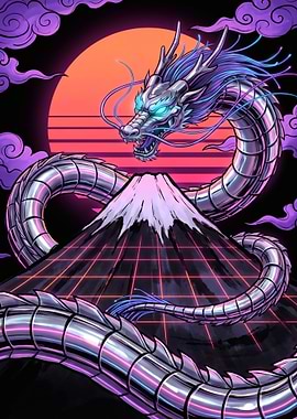 Cyberpunk Dragon Over Mount Fuji