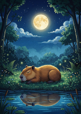 Capybara Moonlit Night Art
