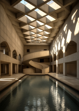 Brutalist Indoor Pool with Spiral Staircase