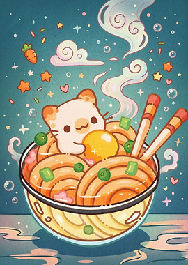 Cute Cat Ramen Bowl Kawaii Poster
