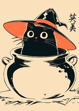 Halloween Witch Cat Cauldron Vintage