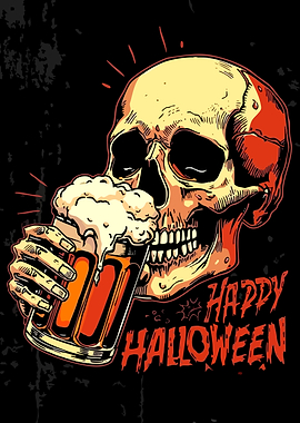 Skull Drinking Beer Halloween Illustration