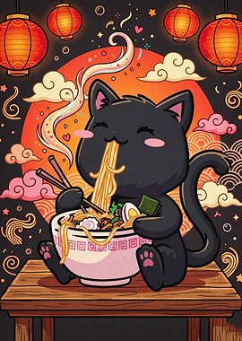 Black Cat Ramen Japanese Art Poster