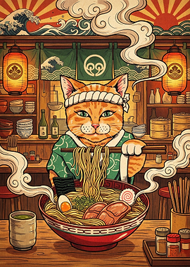 Japanese Ramen Cat Retro Art Poster