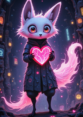 Cyber Fox Neon Heart Fantasy Art