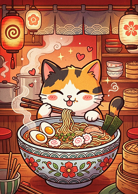 Cute Cat Ramen Japanese Art Poster