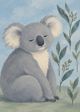 Sleeping Koala with Eucalyptus Leaves