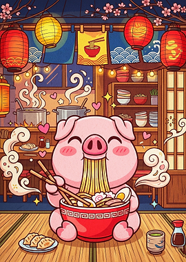 Pig Eating Ramen Cute Japan Poster