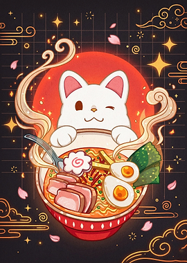 Cat Ramen Bowl Cute Kawaii Poster