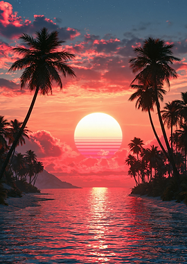 Synthwave Tropical Sunset Beach