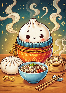 Cute Dumpling Noodle Bowl Cozy Art