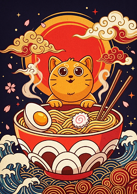 Ramen Cat Japanese Food Cute Poster