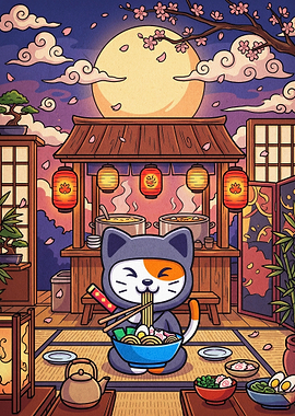 Cat Ramen Noodle Japanese Anime Art