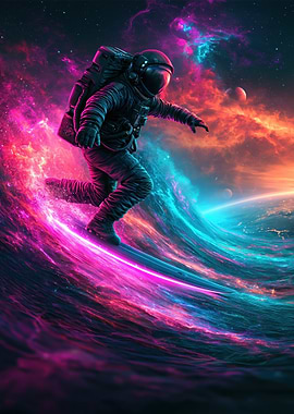 Astronaut Surfing Through Cosmic Nebula
