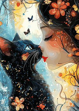 Girl and Black Cat Artistic Illustration