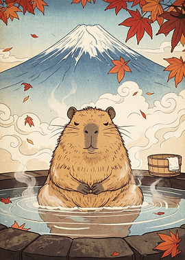Capibara Hot Spring Ukiyo e Art