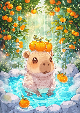 Capybaras Orange Bath Cute Poster
