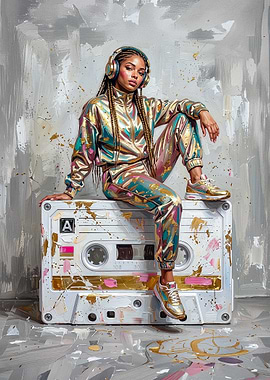 Stylish Woman Sitting on Cassette Tape
