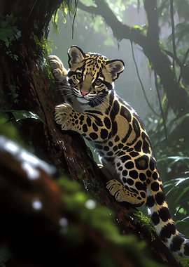 Cute Clouded Leopard Cub Climbing Tree