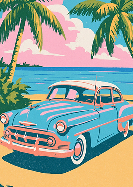 Vintage Car on Tropical Beach