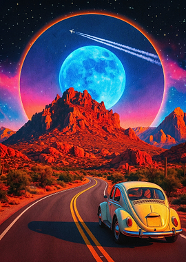 Desert Road Moon Synthwave Art