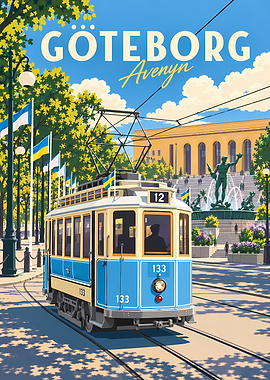 Vintage Gothenburg Tram Travel Poster