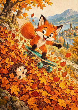 Fox Skate Fall Vintage Art