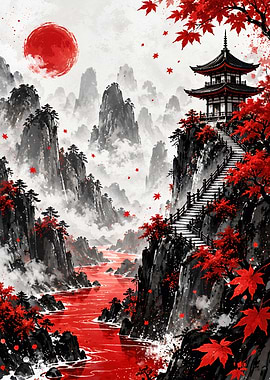 Red Maple Temple Mountain Landscape