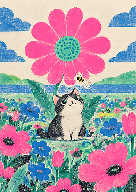Cute Cat in a Flower Garden