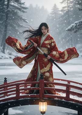 Samurai Woman in Red Kimono