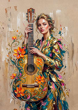 Woman Playing Floral Decorated Guitar