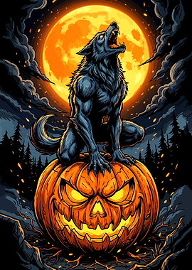 Werewolf Howling on Halloween Pumpkin