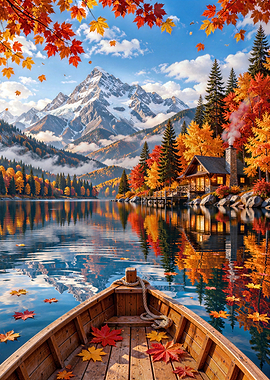 Autumn Mountain Cabin by the Lake
