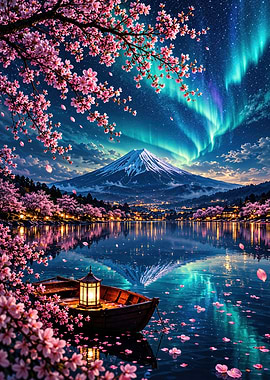 Mount Fuji Cherry Blossoms Aurora Night