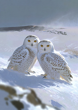 Two Snowy Owls in Winter Landscape