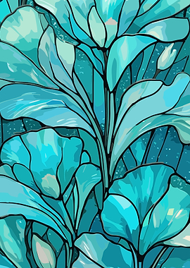 Stained Glass Style Blue Floral Pattern