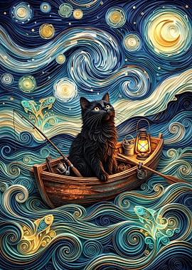 Black Cat Fishing in Starry Night