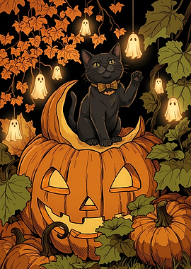 Black Halloween Cat Jack o Lantern Pumpkin Cute