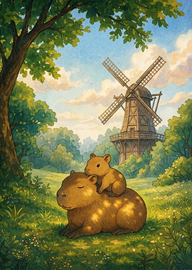 Capybara Windmill Watercolor Art