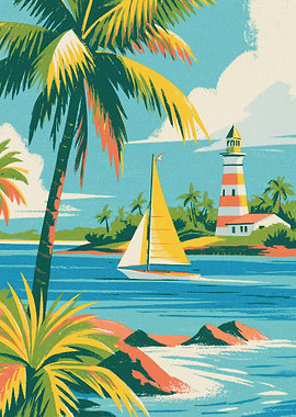 Vintage Tropical Lighthouse and Sailboat Illustration
