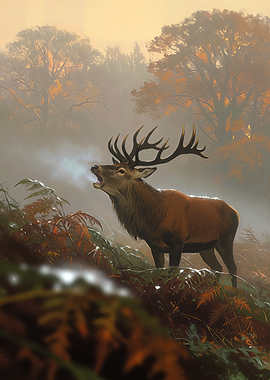 Majestic Stag Bellowing in Autumn Forest