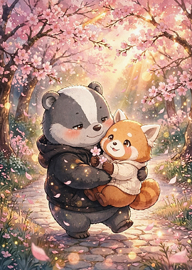 Badger Red Panda Cherry Blossom Art