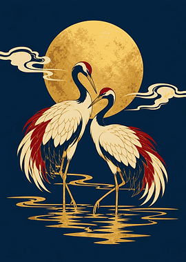 Two Cranes Beneath a Golden Moon