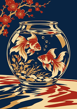 Goldfish and Blossoms in Indigo