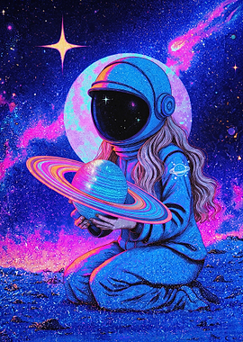 Cosmic Astronaut Saturn Retro Art