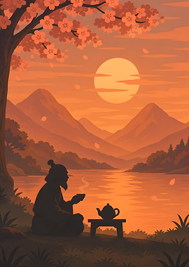 Sunset Tea Ceremony Mountain Lake Silhouette