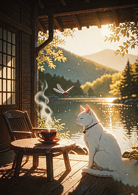 Cozy Cat Lake Morning Art Poster